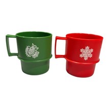 Lot Of 2 Vintage Tupperware Christmas Mugs Cups Glasses Red Green Dove Snowflake - $8.00