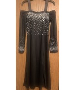 black Cold Shoulder Dress, Elegant Long Sleeve Split Dress,  Rhinestone - $377.52 MXN