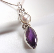 Small Amethyst and Cultured Pearl 925 Sterling Silver Marquise Pendant - £8.53 GBP