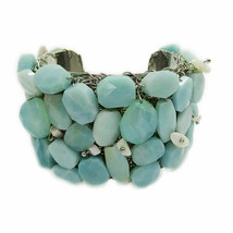 Huge Coutare Rough Aquamarine Studded Statement Cuff Stainless Steel - £294.27 GBP