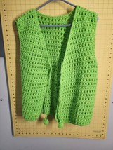 Vintage Green 70s Crochet Open Knit Sweater Vest Tie Front Boho Granny - £31.57 GBP