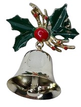 Christmas Bell Pin Brooch Vintage Winter Holiday Jewelry Holly Green Red 2 inch - £17.57 GBP