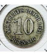 1911 E German Empire 10 Pfennig Coin - $56.26 MXN