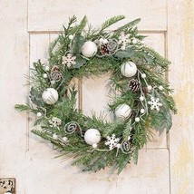 White Christmas Holiday Wreath -  Snowy Pinecones Wooden Snowflakes - 24... - £60.56 GBP