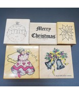 Christmas Rubber Stamp Lot Wood Mounted (5) Angel Bell Snowman Poinsetti... - $24.99
