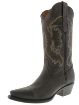 Women Mid Calf Western Cowboy Boots Brown Stitched Leather Snip Toe - £86.32 GBP