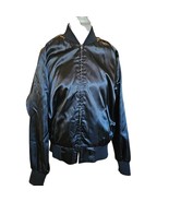 Retro 80s Mens Medium Black Satin Bomber Jacket Shiny Vintage Classic Zip - £37.15 GBP