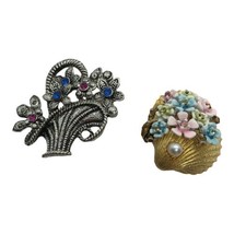 Vintage Flower Rhinestone Brooch Lot of 2 floral Pins Jewelry Shell AAI Basket - £13.97 GBP