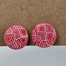 Vintage Earrings Clip On Red White Polymer Button Costume Jewelry Fashion Subtle - £7.83 GBP