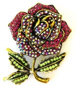 Vintage Rhinestone Rose Pin Brooch Multicolor Gold Tone 3&quot; Flower Jewelry - $21.00