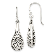 Silver Polished &amp; Antiqued Fancy Filigree Heart Dangle Earrings QE1932 - £54.20 GBP