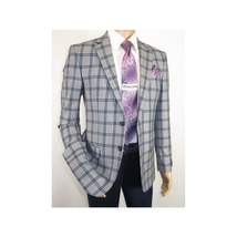 Men Sport Coat by Berlusconi Turkey Soft European Plaid #MK80 05 gray blue image 4
