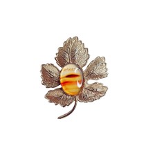 Gold Tone Metal Leaf Brooch Pin With Multi Color Gemstone Middle Vintage - €10,15 EUR