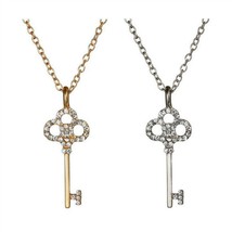 Key Necklace 17&quot; Chain Gold Or Silver Sparkling Crystal Rhinestone Pendant New - £5.60 GBP