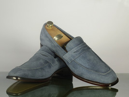 Handmade Men&#39;s Gray Suede Penny Loafers, Men Designer Dress Fashion Shoes - £115.63 GBP