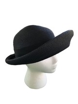 Vintage Straw Wide Brimmed Hat Black  Grain Ribbon Circa 1950s Cecile - £25.66 GBP