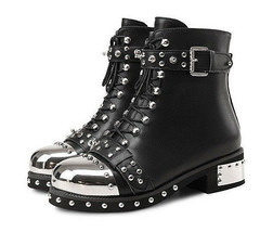 Women&#39;s Genuine Leather Rivets Belt Buckle Round Toe Punk Ankle Boot US 6-13 - £132.48 GBP