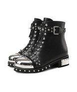 Women&#39;s Genuine Leather Rivets Belt Buckle Round Toe Punk Ankle Boot US ... - £132.43 GBP