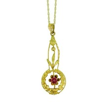 10k Yellow Gold Lavaliere Pendant with Red Glass and Applied Leaves (#J4764) - £157.90 GBP