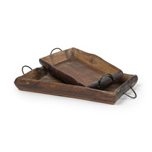 Set Of 2 Medium Brown Recycled Wood With Flaunt Metal Handles Trays - £158.76 GBP