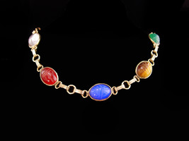 Scarab Beetle Bracelet - Genuine stones - Vintage gold filled Carved lapis chrys - £75.05 GBP