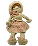 Vintage Handmade Crocheted Doll Pink and White Brown Hair 15 Inches - $18.54