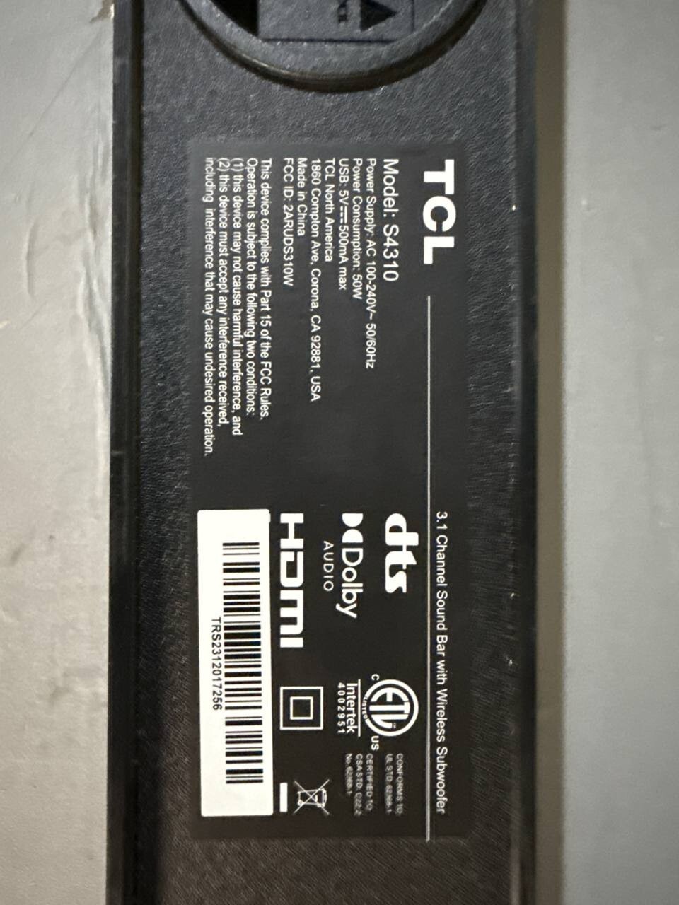 TCL S4310 Soundbar 3.1 Channel Built in Subwoofer Bluetooth Dolby Audio DTS 50W Item image 10