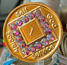 1 Year NA Medallion Gold Amethyst Crystal Sobriety Chip - £12.78 GBP