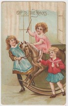Vintage Art Postcarrd Girls Big Rocking Horse Off To The Races Germany - $2.99