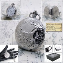 SILVER Antique HORSE Pocket Watch for Men 42 mm with Fob Chain Box P181 - $20.49