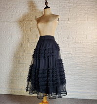 Black Layered Midi Tulle Skirt Outfit Women Custom Plus Size Tulle Skirt