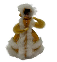 Hand Made Vintage Yellow Beaded Sequin Fur trimed Winter Themed 5&quot; Doll - $12.86