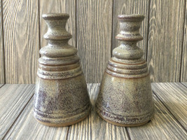 Pottery Stoneware Artist Signed Handmade Brown Glaze 2 Candle Holders - £35.66 GBP