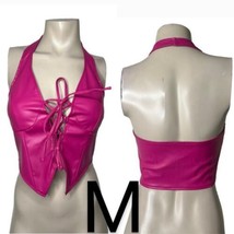 Pink Faux Leather Halter Lace Up Vest Crop Top~ Size M - £20.29 GBP
