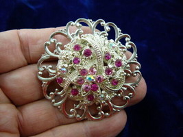 (br-144) Pink rhinestones crystals flower silver tone filigree love brooch pin - £25.31 GBP