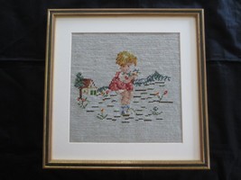 Framed LITTLE GIRL WITH FLOWERS IN FIELD Needlepoint WALL HANGING  - 14.... - $20.00