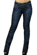 Rebel Spirit Union Jack Flag Stitch Pocket Womens Straight Denim Jeans Blue NEW - £77.33 GBP