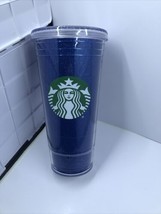 Starbucks 2016 Cold Brew Tumbler Blue Glitter Clear Lid 20 Fl Oz No Straw - $14.80
