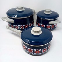 Vintage Blue MCM Enamel Ware Cooking Pots w/ Lids - Set of 3 - Retro Coo... - £55.84 GBP