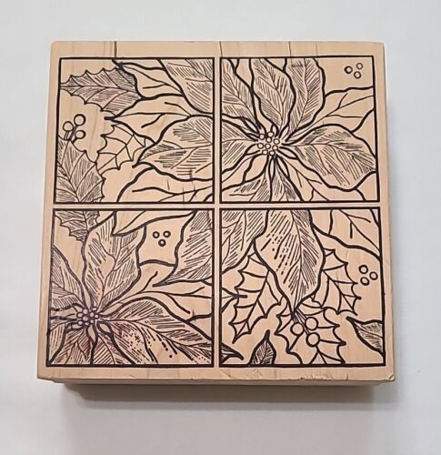 Magenta Christmas Poinsettia Four Square 02106Q Wood Mounted Rubber Stamp - $10.77