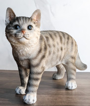Standing Feline Gray Tabby Cat Kitten Figurine With Realistic Glass Eyes Decor - £35.96 GBP