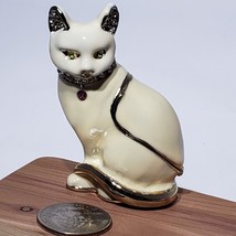 Cream Ivory White Enamel Bejeweled Hinged Cat Trinket Box Gold Trim 3&quot; - $12.95