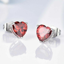2 Ct Simulated Ruby Womens Heart Stud Earrings 14K White Gold Plated Silver - £74.17 GBP