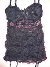 Victoria&#39;s Secret 36DD/38D XL garter SLIP/DRESS BLACK mesh Polka Dot RUCHED - $98.99