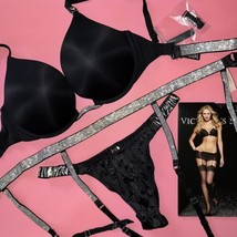 Victoria&#39;s Secret 32B,34DD Bra Set+Garter+Panty Black Shine Strap Convertible - £94.67 GBP