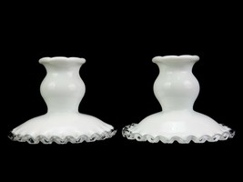 Set of 2 Fenton Candle Holders, Silver Crest White Milk Glass, Ruffled, #7271SC - £23.08 GBP