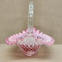 Fenton Cranberry Pink White Hobnail Opalescent Ruffle Basket Clear Handl... - £18.31 GBP