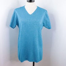 Susan Graver Style Women&#39;s M Blue Metallic Shimmer Knit Short Sleeve Sweater Top - £7.99 GBP