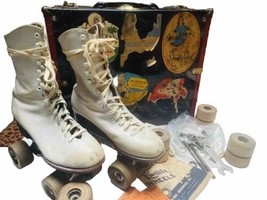 Vintage Cleveland Co Roller Skates Sz 4 Wood Wheels Metal Carry Case w Extras - £62.39 GBP