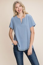 Cotton Bleu by Nu Lab Slit Striped Notched Short Sleeve T-Shirt - £20.83 GBP